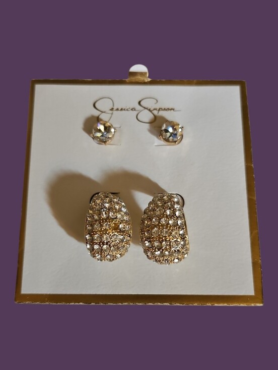 Jessica Simpson Jewelry - JESSICA SIMPSON Goldtone Paved Chunky Hoop and Solitaire Post Earrings